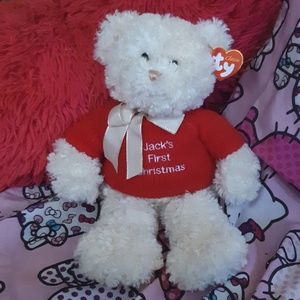 White Christmas Bear Stuffed Plush Teddy JACKS FIRST CHRISTMAS Sweater LRG TY